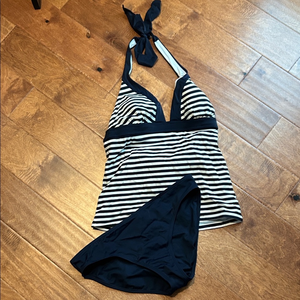 Boden Navy and White Striped Halter Tankini